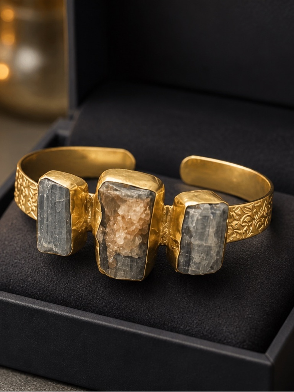 Gold Cuff Bracelet with orange agate stone